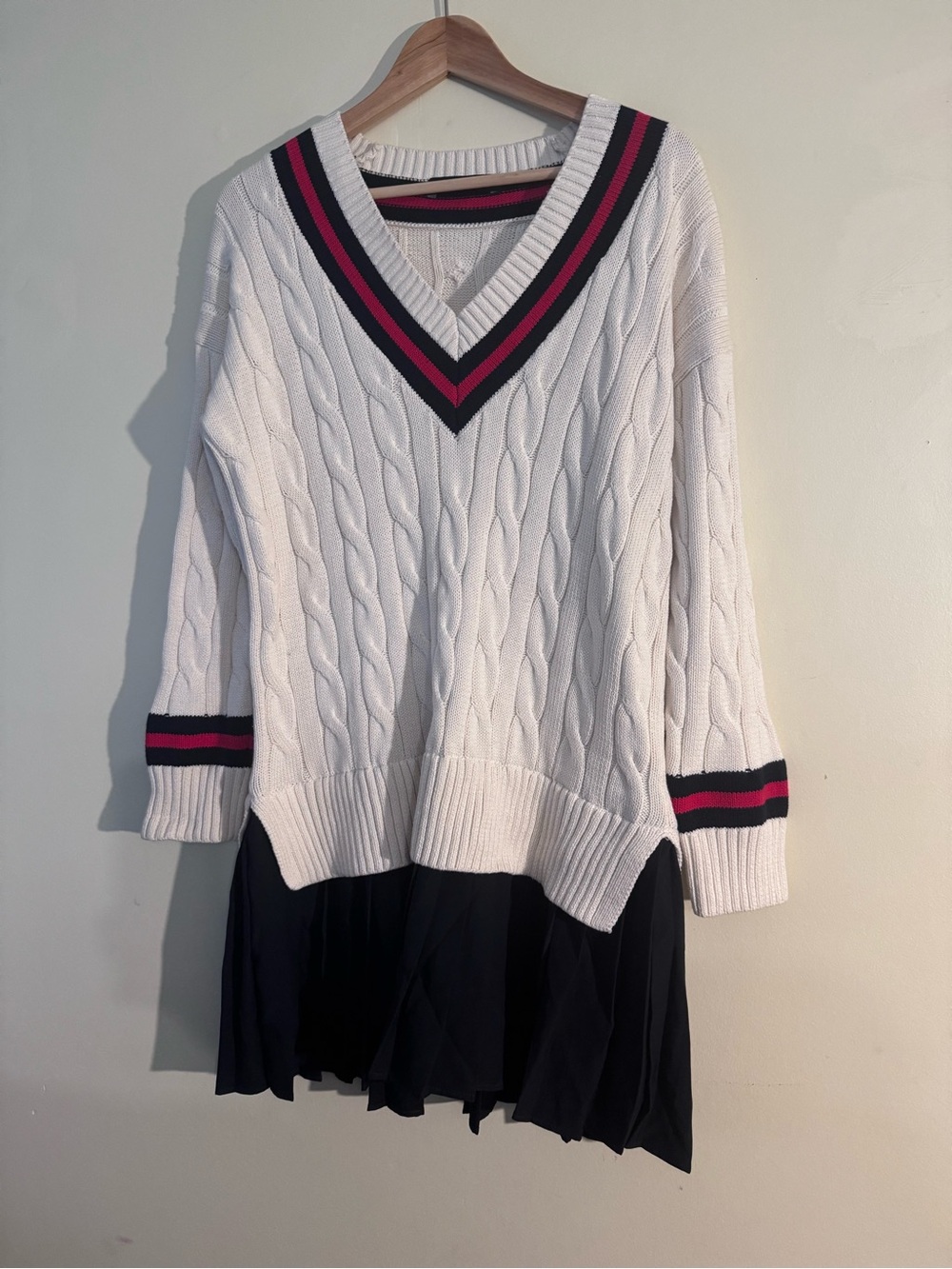 English Factory off White Cable-Knit V-Neck Sweater Dress with Navy and Red Trim